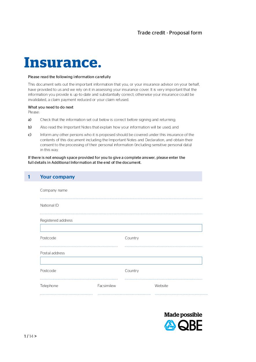 Credit insurance proposal form - QBE European Operations