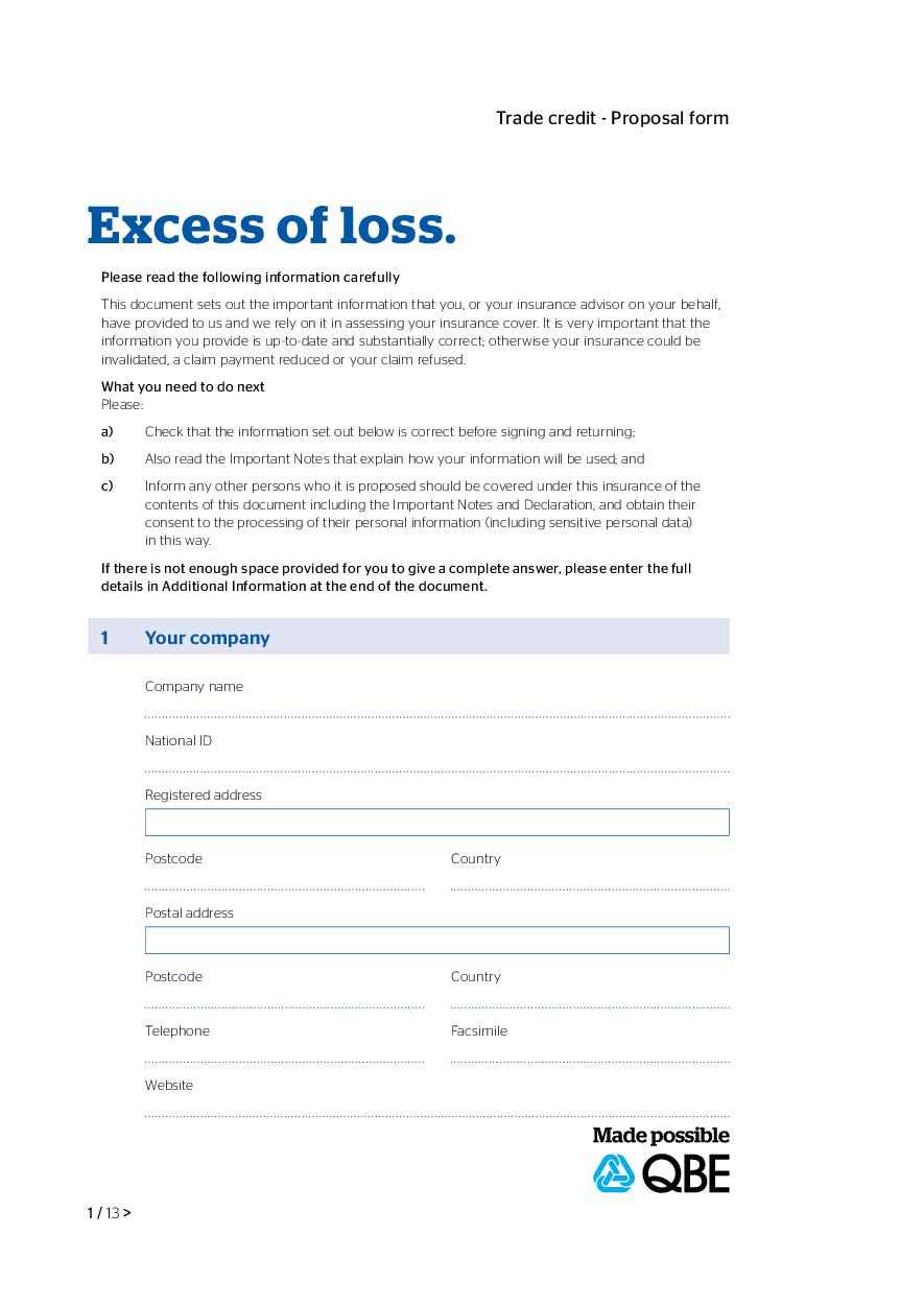 Credit insurance excess of loss proposal form