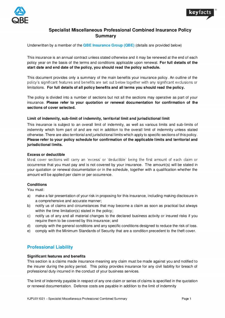 KJPU011021 Specialist Miscellaneous Professional Liability Combined Summary