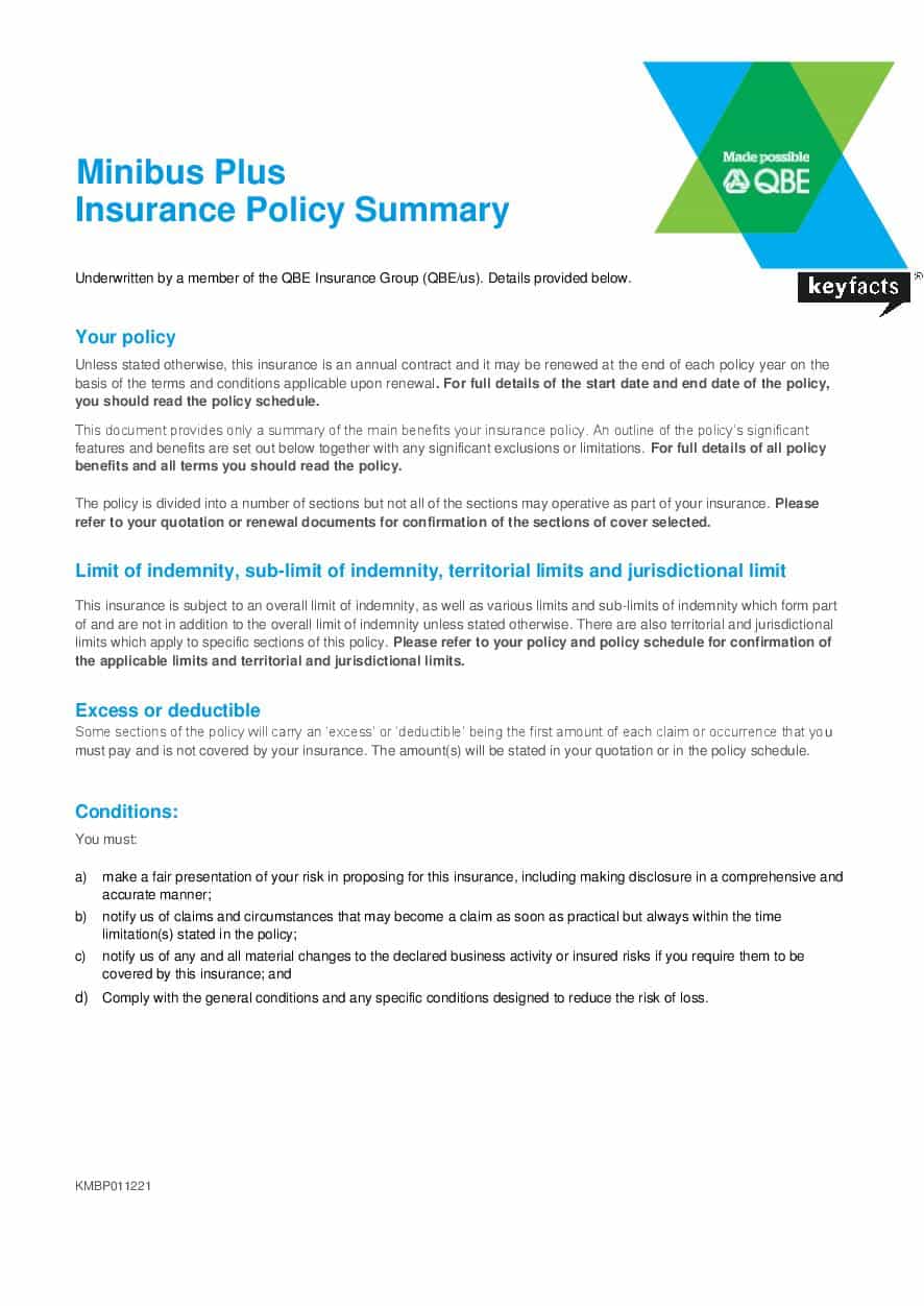 KMBP011221 Minibus Plus Insurance Policy Summary