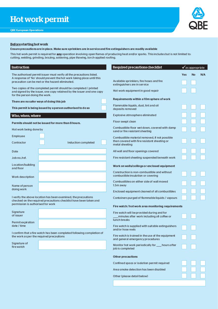 Hot Work Permit QBE European Operations