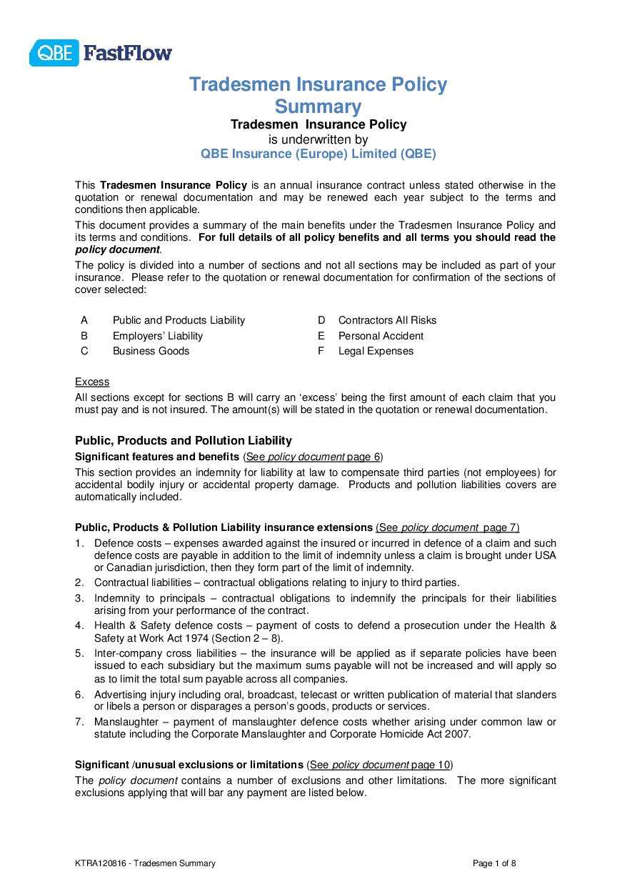 KTRA120816 Tradesmen Insurance Summary (PDF 78Kb)