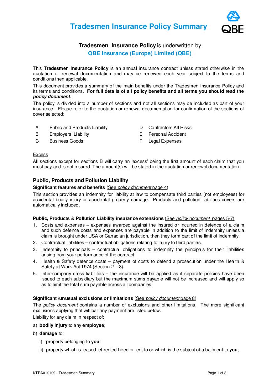 ARCHIVE - KTRA010109 Tradesman Policy Summary