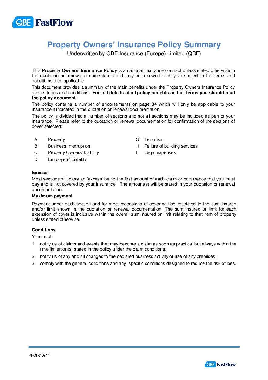 KPOF010914 FastFlow Property Owners Policy summary QBE European