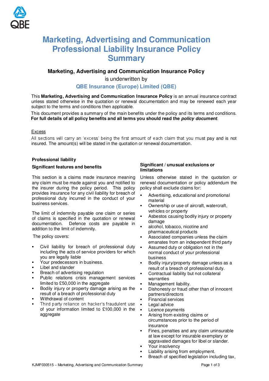 KJMF030515 Marketing, Advertising and Communication Professional Liability Summary