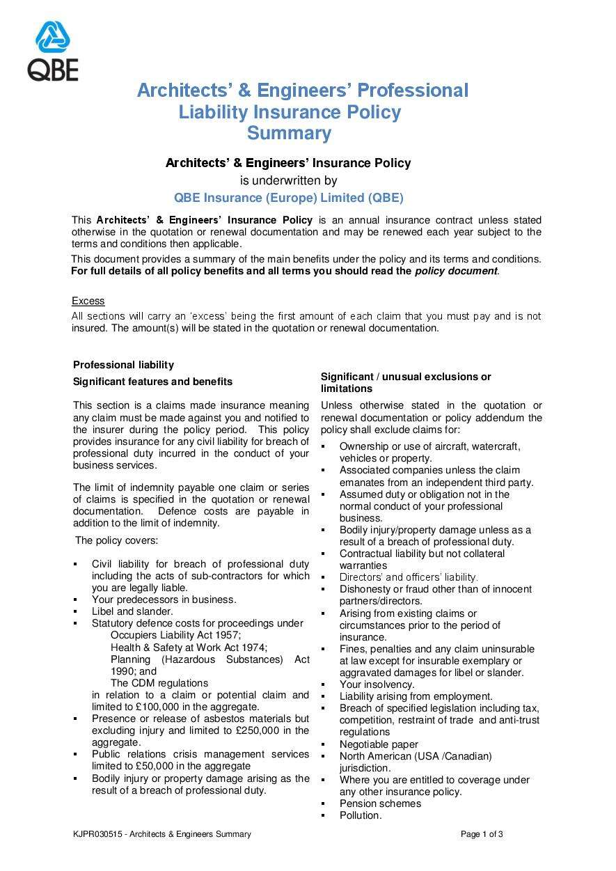KJPR030515 Architects and Engineers Professional Liability Summary
