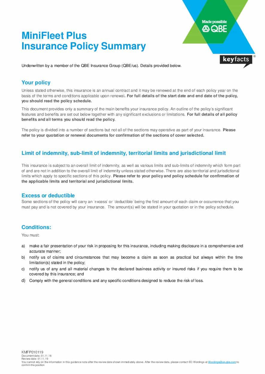 KMFP010119 MiniFleet Plus Insurance Policy Summary (PDF 330KB) 