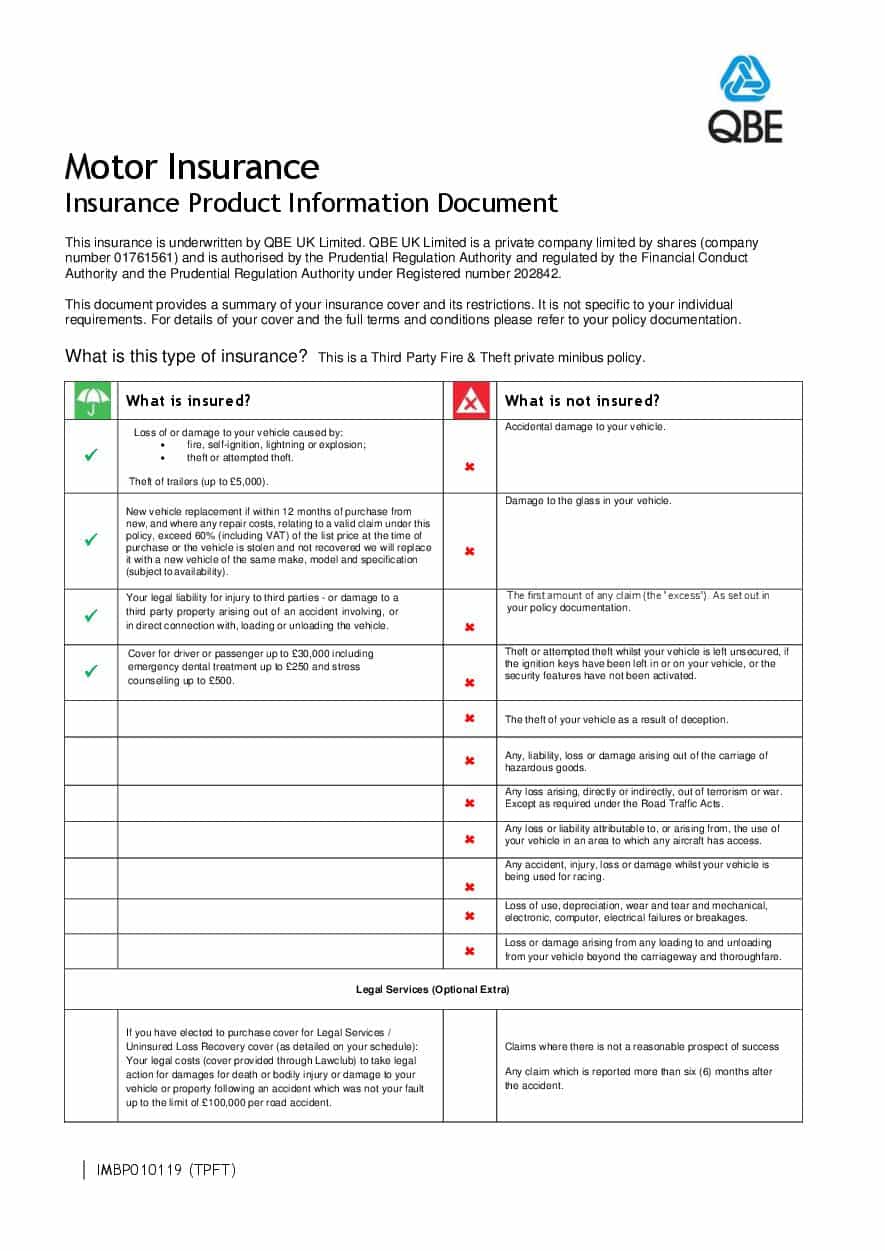 IMBP010119 (TPFT) Minibus Insurance Product Information Document