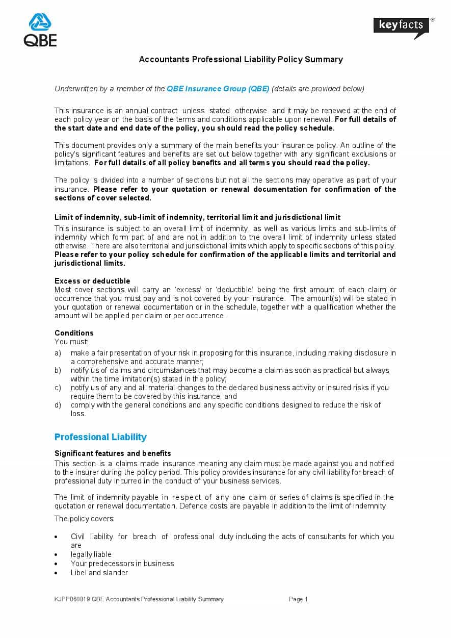 KJPP060819 QBE Accountants Professional Liability Summary