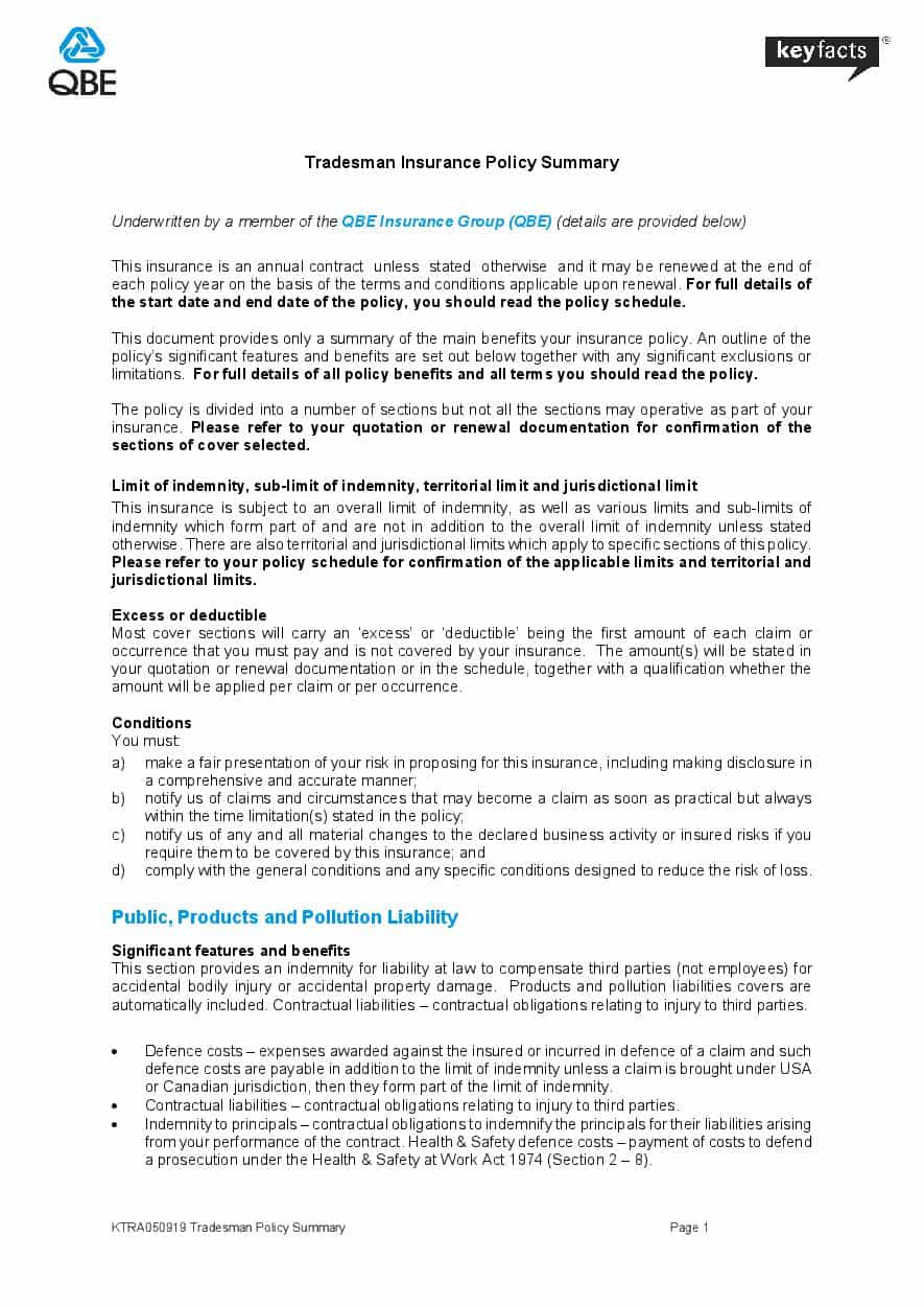 KTRA050919 Tradesman Policy Summary