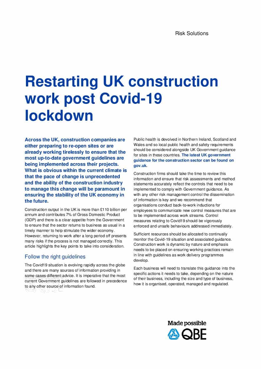 Restarting UK Construction Work Post Covid 19 Lockdown