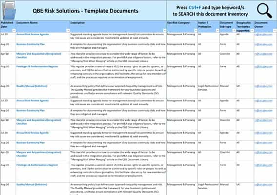 Inventory of QBE Risk Solutions Template Documents