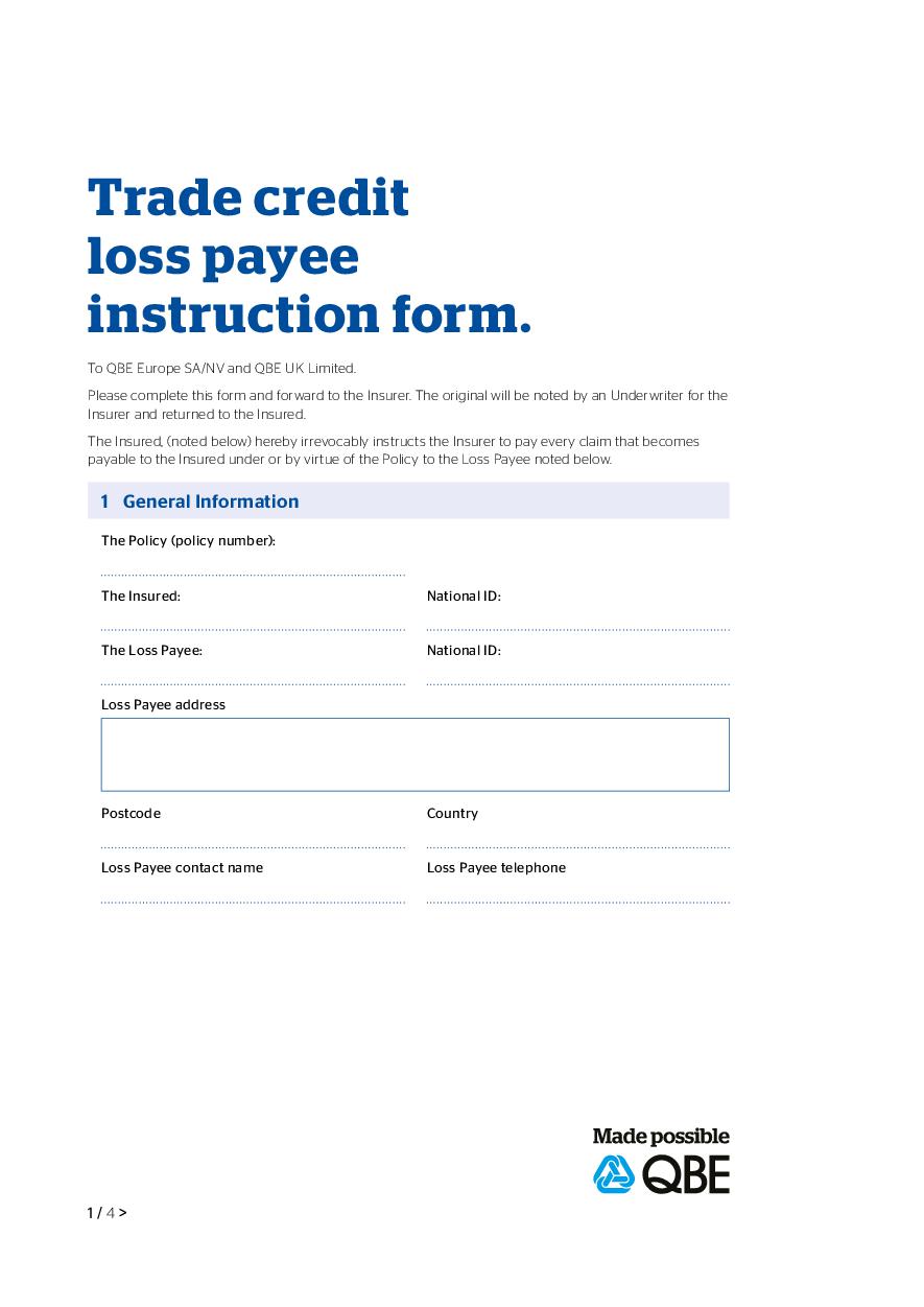 Trade credit loss payee instruction form